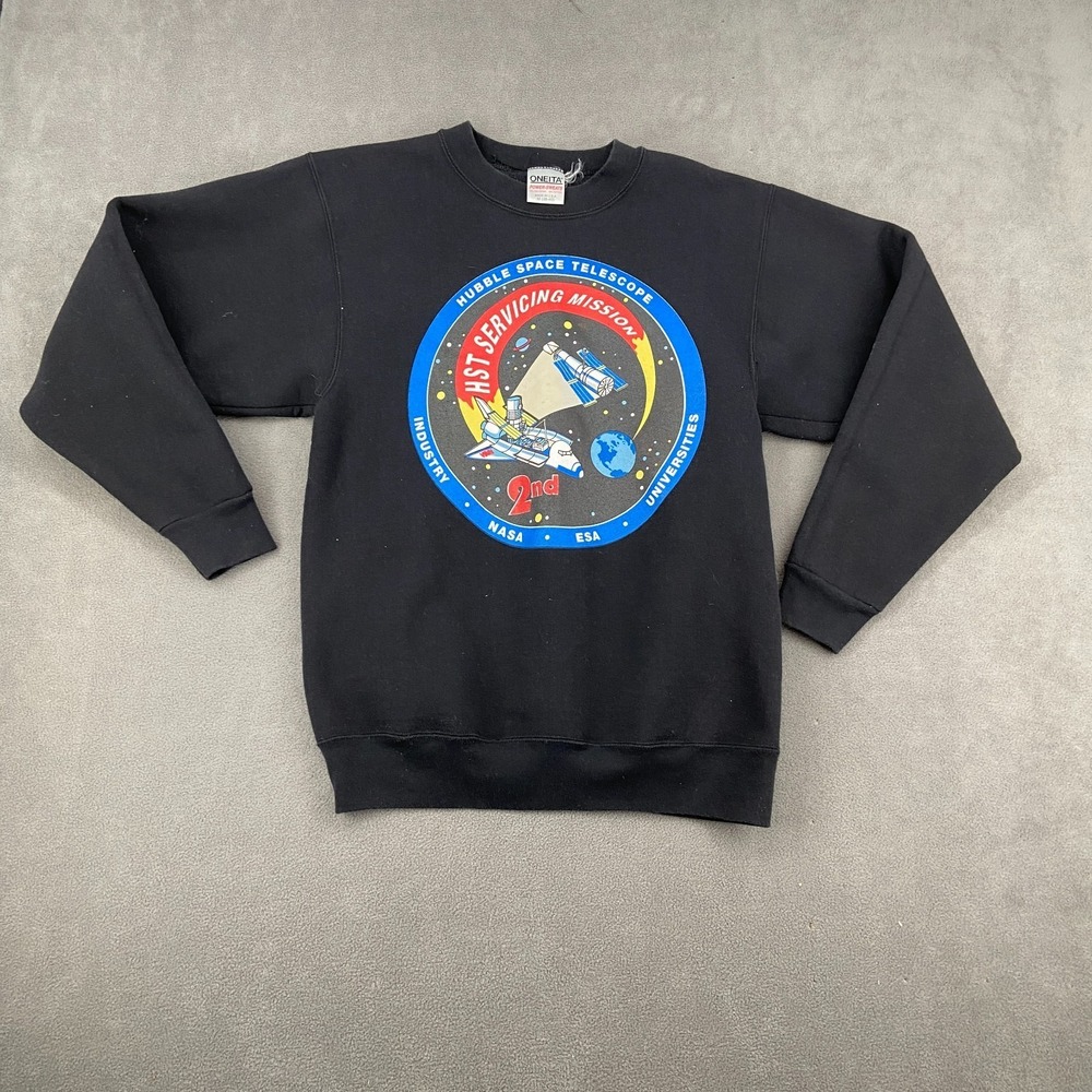 VTG Oneita Power Sweatshirt Mens M(38-40) Black Graphic HST Servicing Mission